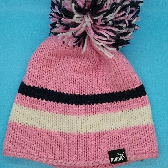 Puma Pink Black White Beanie With Pom - Picture 1 of 5